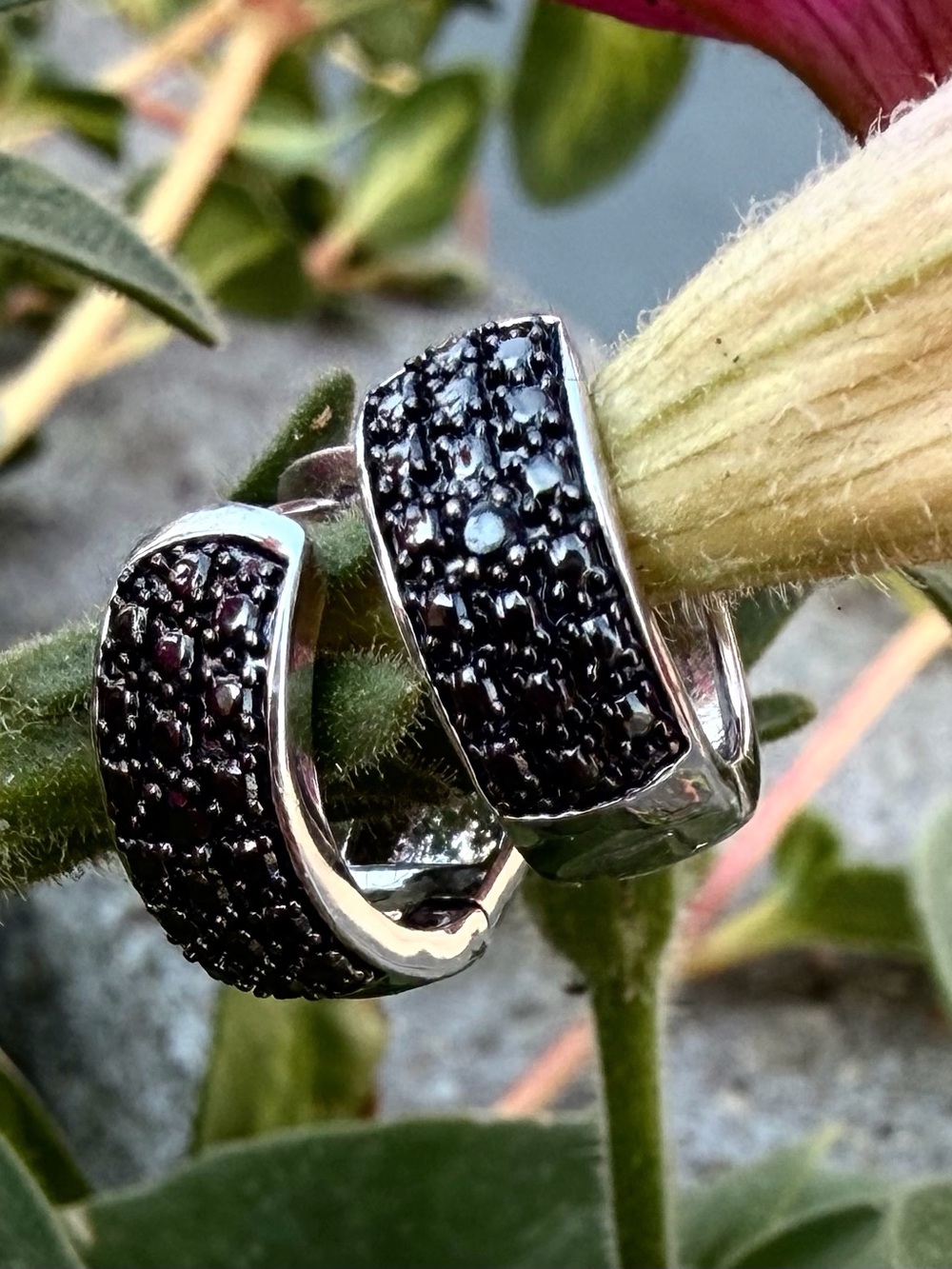 Stunning 14K White Gold Over Sterling Silver Black Diamond Hoop Earrings|0.03CTW
